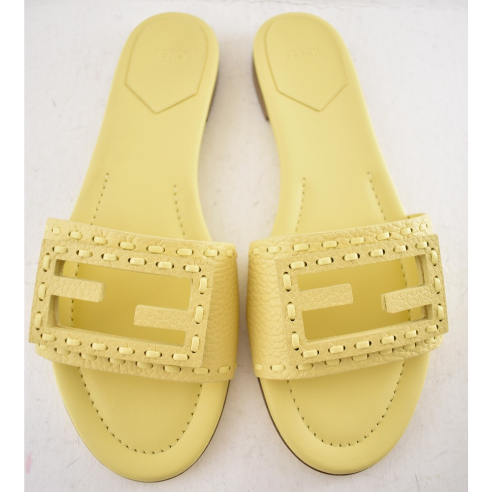 Fendi Baguette Light Yellow Leather FF Monogram Logo Mule Slide Flat Sandal 39 - Picture 12 of 16